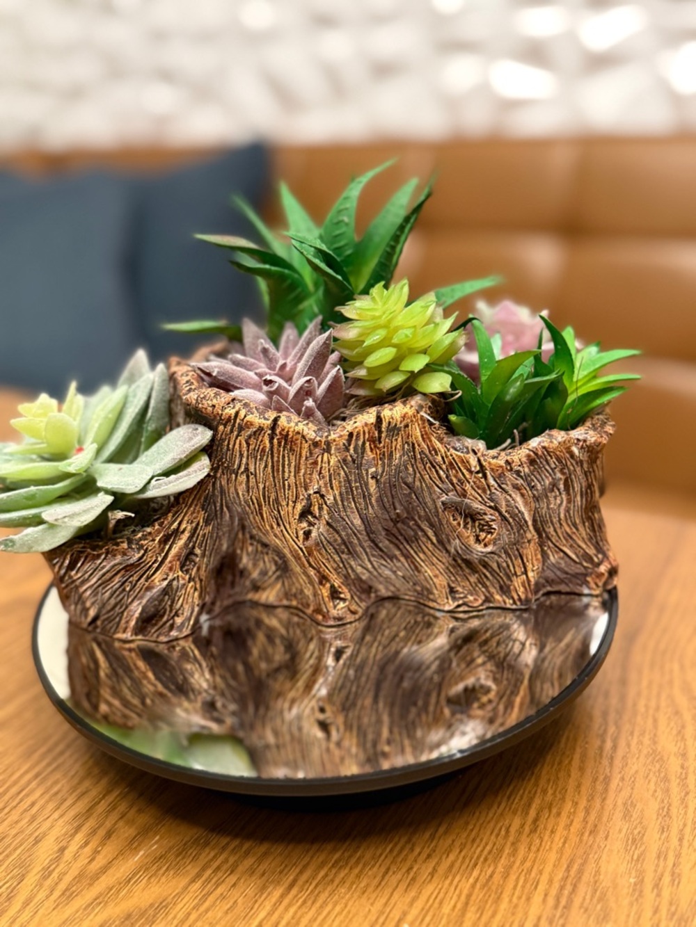 Rustic Faux Succulent Arrangement in Brown driftwood /Tree Trunk Planter.